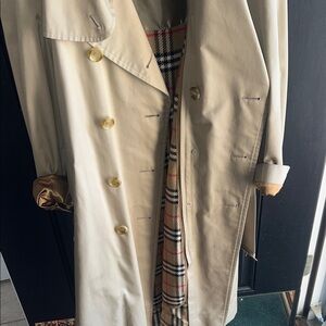 Burberrys Khaki Double-Breasted Trench Coat with Signature Check Liner VINTAGE